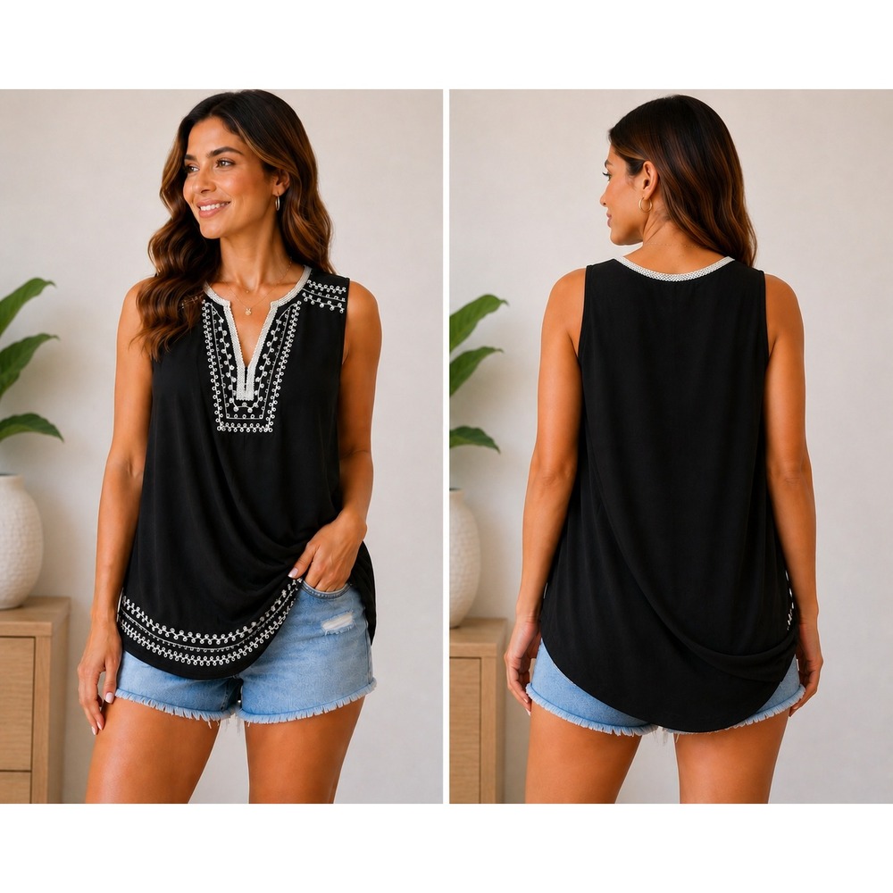 Live and Let Live Women Top Black Sleeveless Embroidered Split Neck Boho Blous S